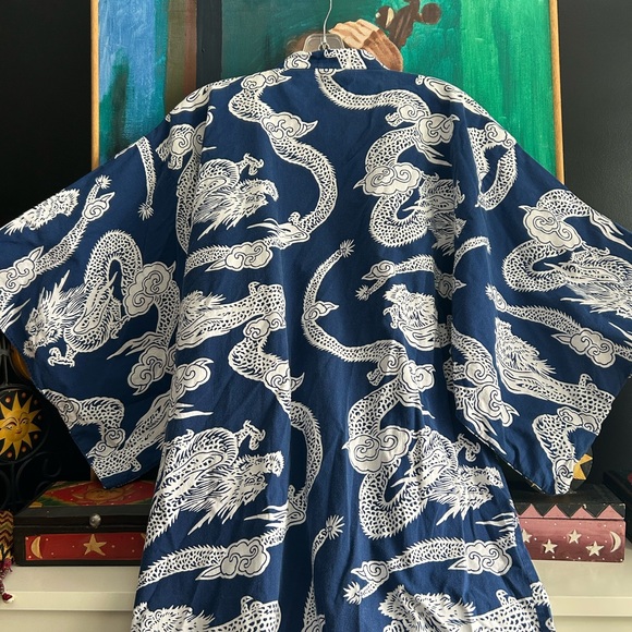 Vintage 70s Dragon Print Belted Kimono Robe OS Unisex Full Length Navy Cotton - Picture 3 of 12